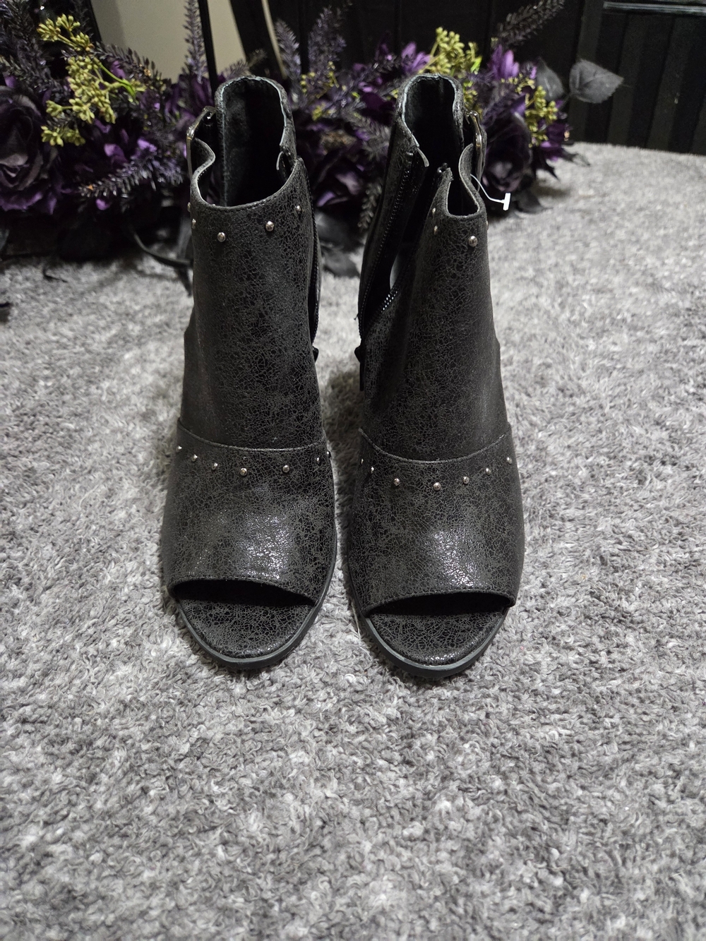 Women’s Black Peep-Toe Ankle Booties with Stud Detail **small Scratch On Heel